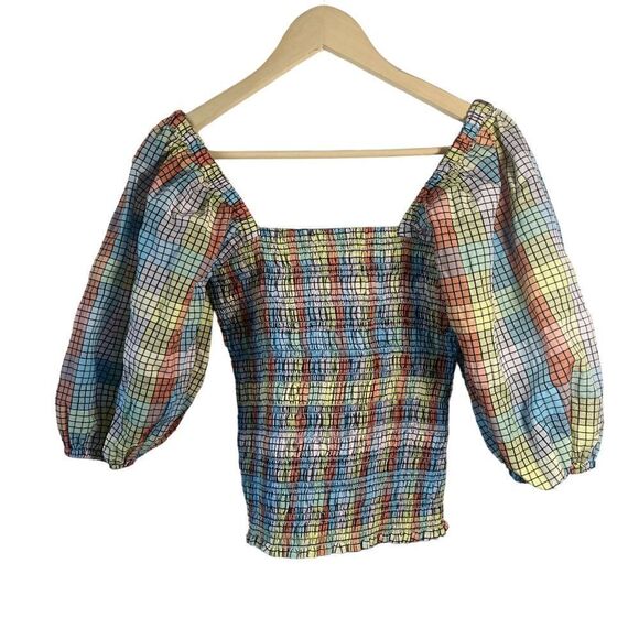 Ganni Windowpane Gingham Multi Striped Smocked Top Puff Sleeves Sz 36/US… - Picture 2 of 11